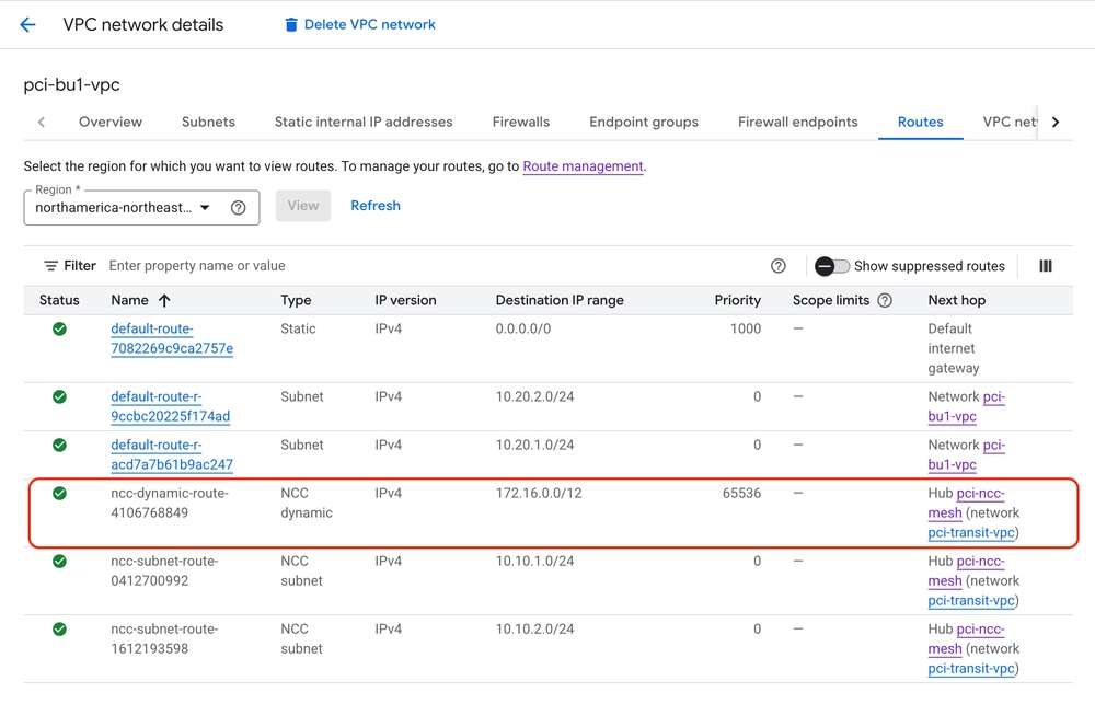 Dynamic route advertised by the Router Appliance spoke is seen in a business unit VPC spoke